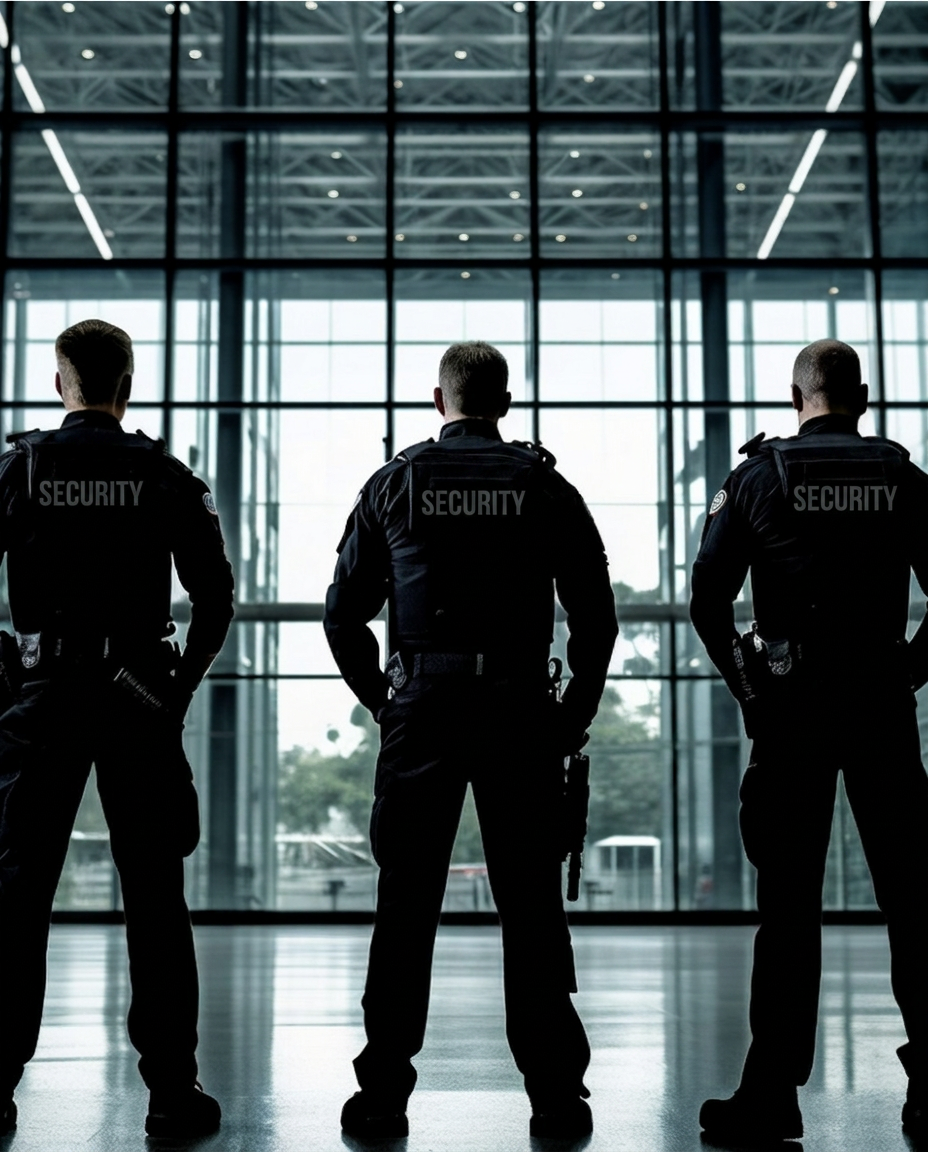 Traja strážnici KM Security v uniformách s logom na chrbte v hale administratívnej budovy